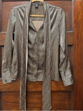 BCBGMaxAzria Black and White Chevron Tie-Neck Blouse